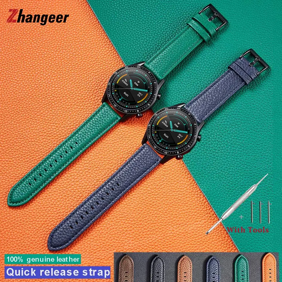 

20mm 22mm High Quality Quick Release Genuine Leather Straps Lychee pattern Cowhide Wristband Watch Accessories Bracelet + Tools