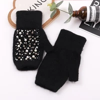 1 pair pearl plush half finger knitted gloves soft warm women winter outdoor rabbit fur hand protection