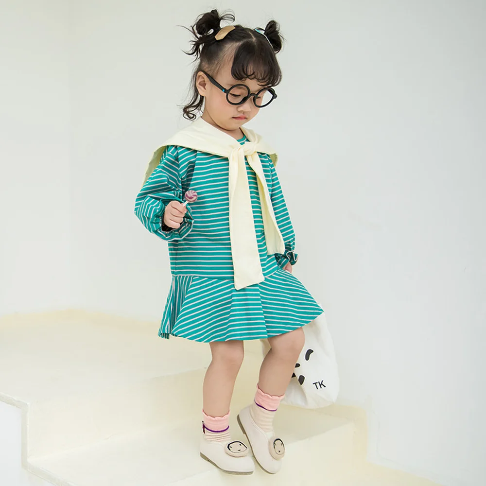 2019 Autumn Children's Dress with Shawl 2 Pcs Set Girl Striped Casual Long Sleeves for Outwear | Детская одежда и обувь