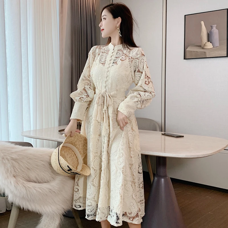

Dresses2021 Early Autumn Elegant Slimming Hollow-out Lantern Long Sleeve Woven Belt Lace Stand Collar Short Dress Kawaii