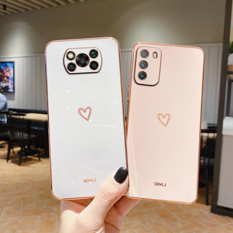 love heart square plating phone case for xiaomi mi poco x3 pro x 3 nfc gt x4 m4 pro 4g 5g poko x3pro m3 f3 silicone fundas cover free global shipping