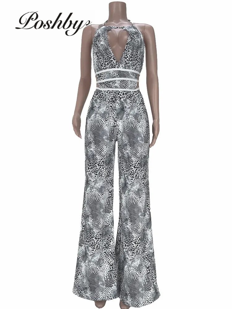 

Poshby Stripe Print Hollow Out Lace Up Bandage Backless Wide Leg Jumpsuit High Street Clothes Women Nightclub One Piece Outfit