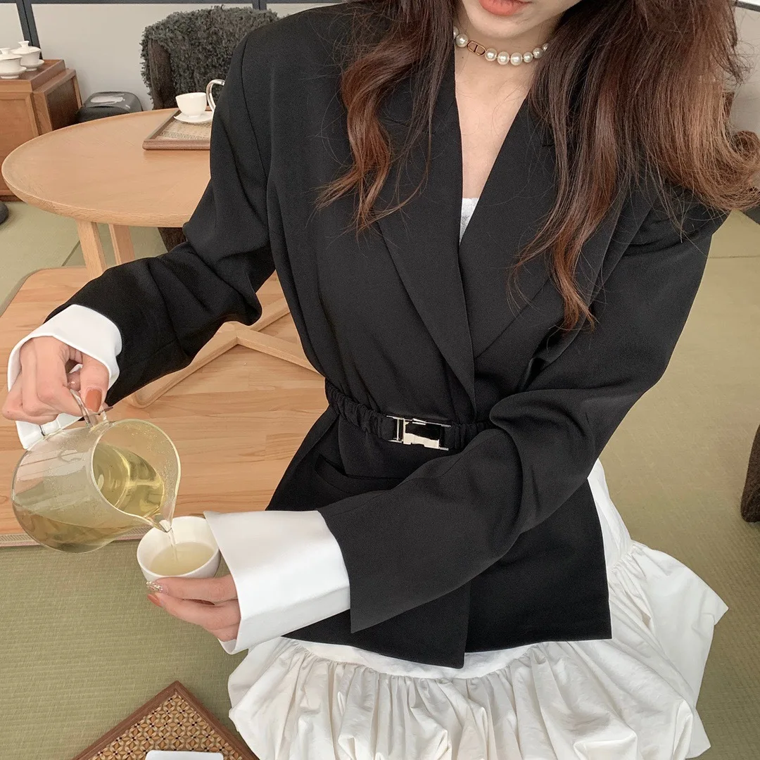 

TVVOVVIN 2021 Spring New Long Sleeve Split Female Simple Blazer Casual Black Sashes Straight Mid-length Coat YDLO