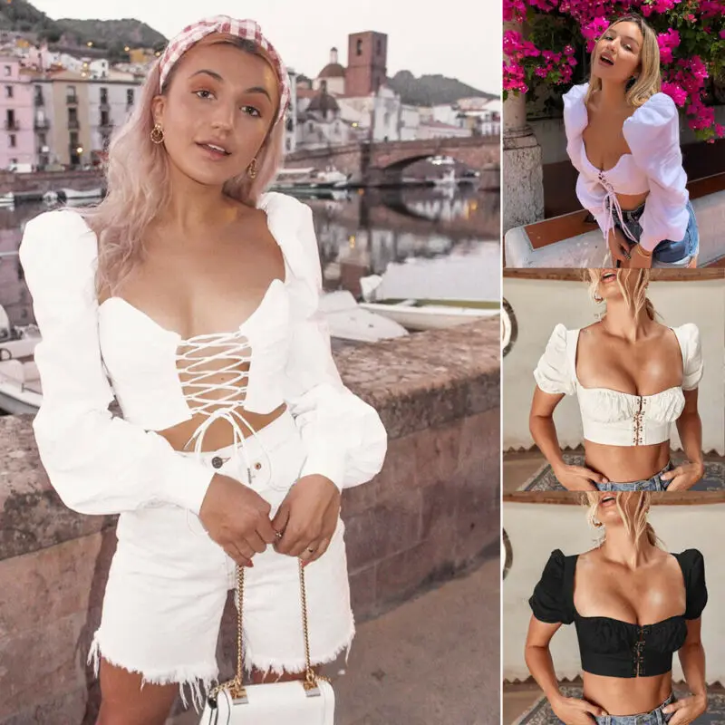 Женские пикантные топы с квадратным вырезом блузка длинными рукавами-фонариками