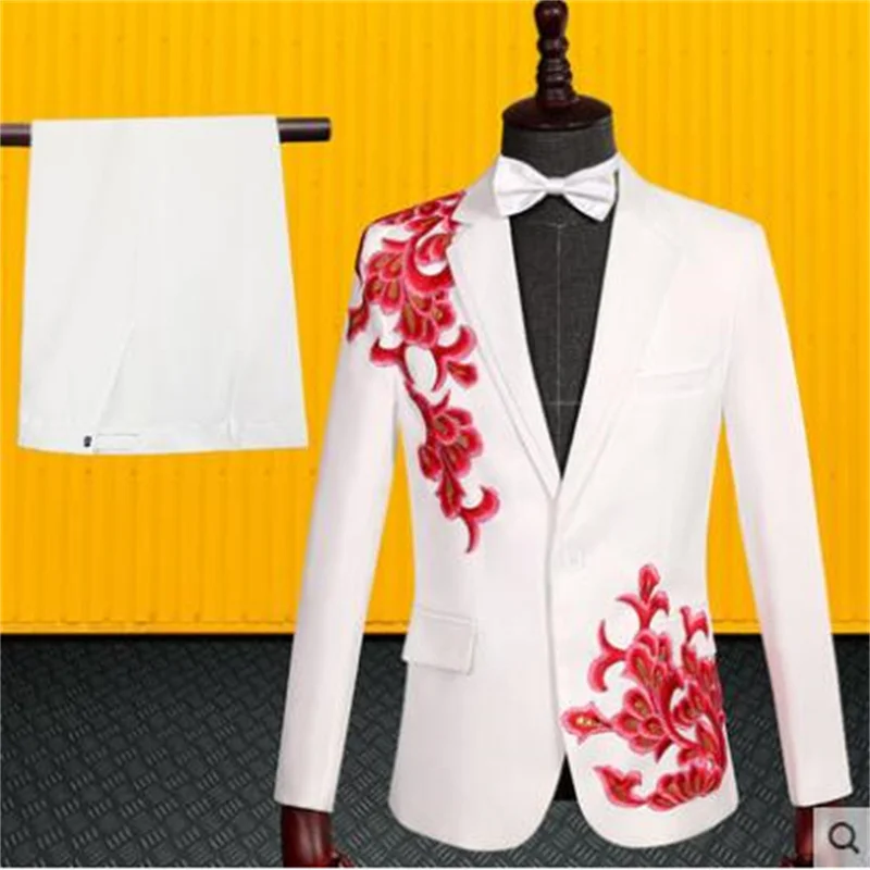 White embroidery blazer men suit set with pants mens wedding suits costume singer stage clothing formal dress chorus fashion