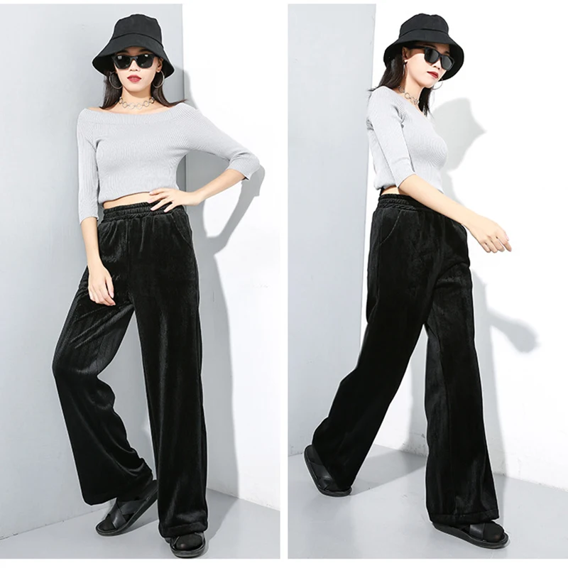 [EAM] High Elastic Waist Black Long Velvet Wide Leg Trousers New Loose Fit Pants Women Fashion Tide Spring Autumn 19A-a25