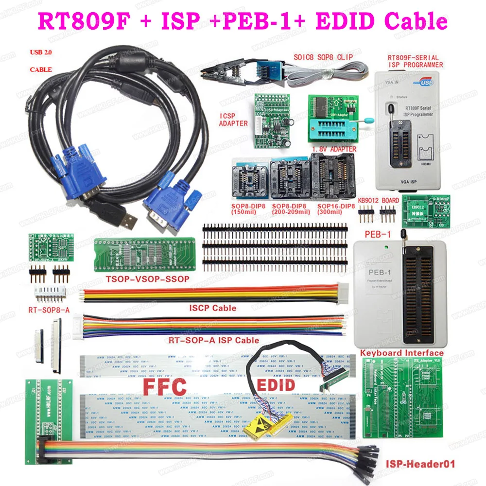 RT809F EMMC-Nand FLASH Универсальный программатор+ PEB-1+ EDID+ ISP-DuPont-Header+ SOP8 IC клип материнская плата считыватель lcd