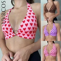 pink heart print bustier neck mounted crop top t shirt women y2k aesthetic clothes sleeveless backless lace up bralette camisole