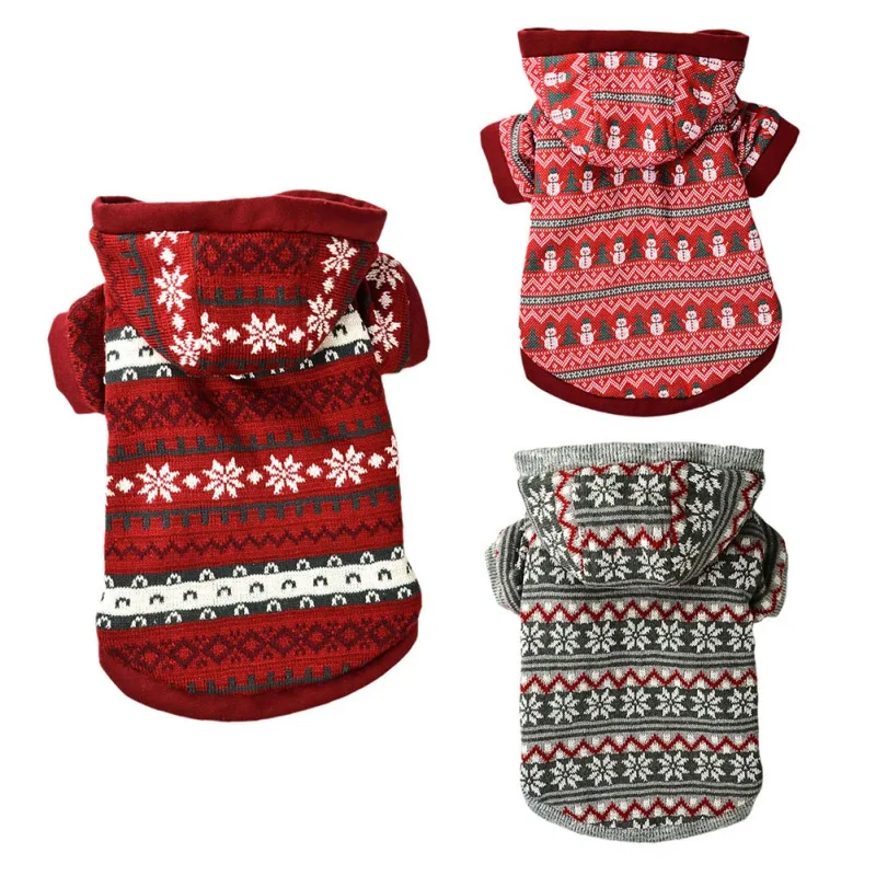 

Christmas Dog Sweater 2 Layers Fleece Lined Warm Dog Clothes Printed Knitted Winter Small Dog Jumper Coat Pet Apparel Jacket