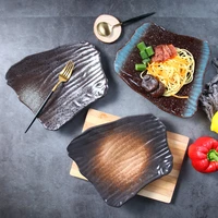 japanese retro ceramic tableware sushi plate irregular flat plate black breakfast plate home dish plate snack plate