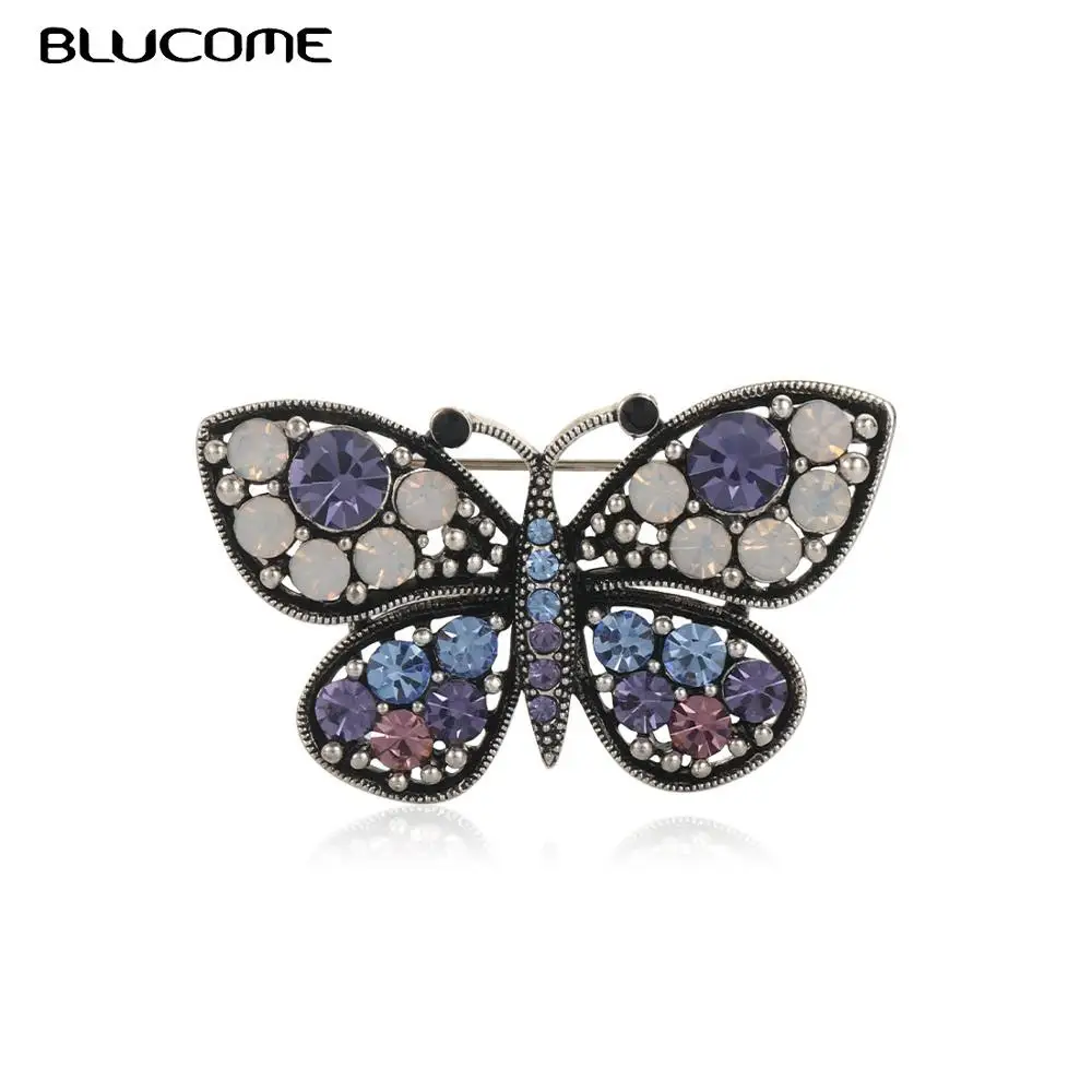 Blucome винтажная голубая бабочка брошь значок Кристалл Стразы животное насекомое свитер-корсаж Женская Брошь с дизайном «девочка» для отворота хиджаба булавка