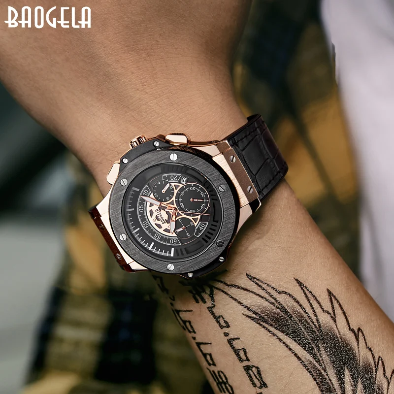 BAOGELA hommes montres hommes horloge de люкс, брендовый кварцевый спортивный montre Rose chronographe mode montre-браслет pour hommes1910