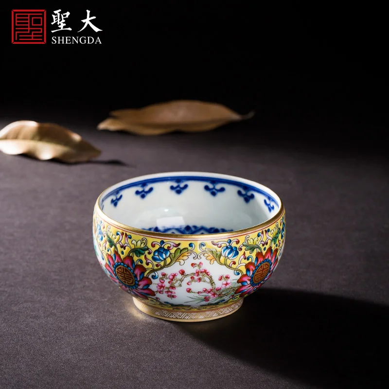 

Kung Fu tea cup, yellow ground, enamel color, flowers, blue and white, Baoxiang pattern, master Zhan Jingdezhen tea set