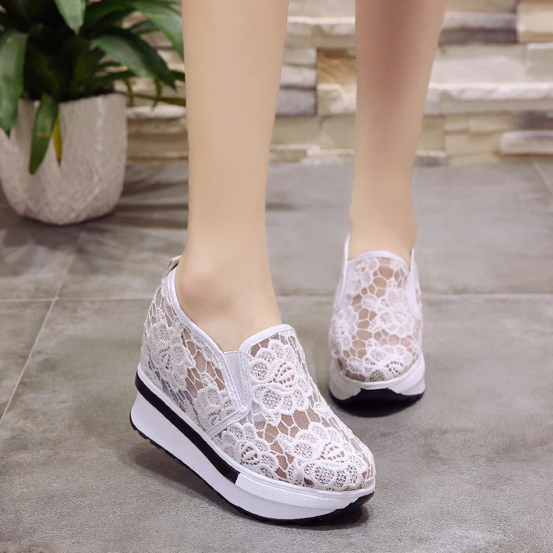 Женские парусиновые туфли на танкетке повседневные сетчатые платформе с