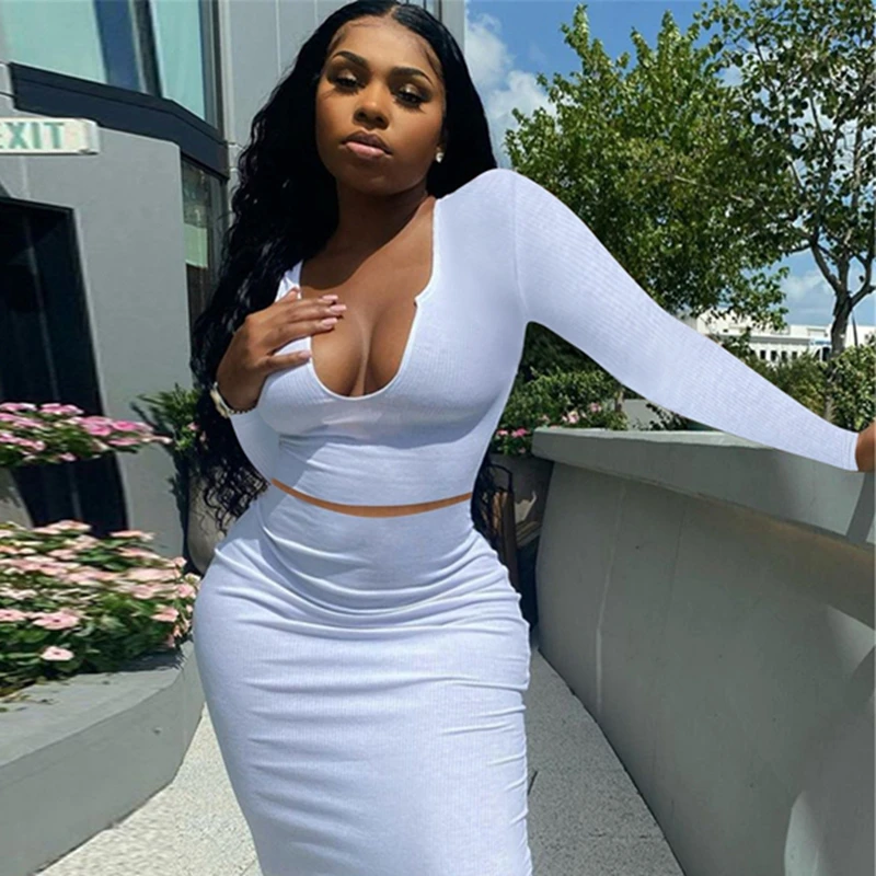 

Женский однотонный костюм из 2 предметов, Топ с длинным рукавом и юбка с низким вырезом для взрослых, новинка 2021, для ранней осени, повседневн...