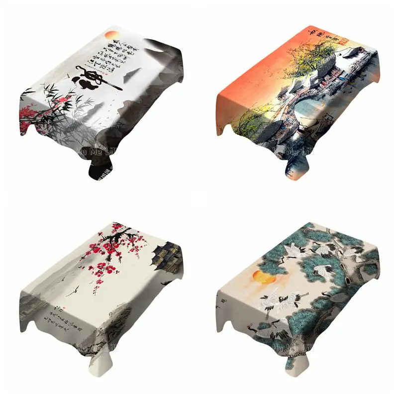 Jiangnan Water Village Boating Beautiful Patterns Waterproof Tablecloths Heavy Duty Oil Spill Proof Plastic Wipe Clean | Дом и сад