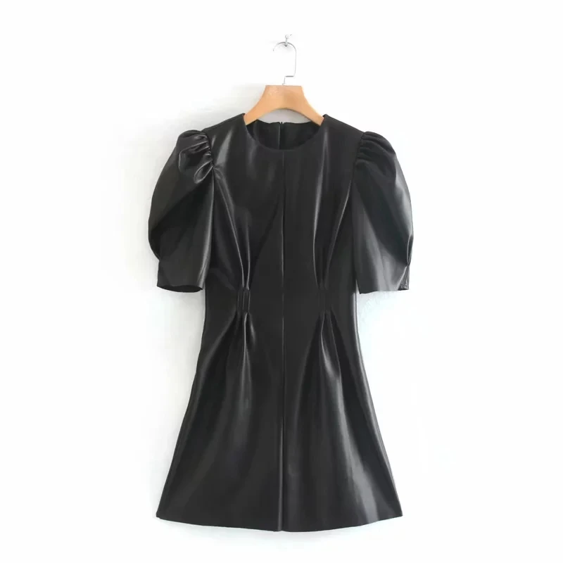 Осеннее кожаное платье для женщин уличный винтажный буф с рукавами и круглым