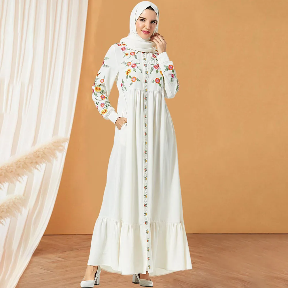 Женское мусульманское платье без хиджаба Abaya белое вечернее с вышивкой в