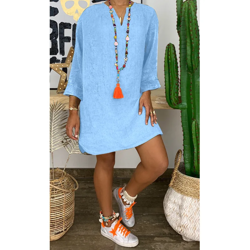 

2021 Summer New Women's Cotton Linen V-neck Long-sleeved Sexy Loose Long-sleeved Dress Ladies Casual Dress Plus Size Dress