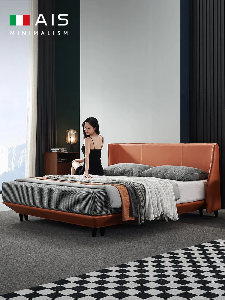 

Italian minimalist bed modern minimalist light luxury 2 meters 2.2 meters big bed Nordic net red new orange full leather bed