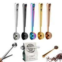 1pcs tea coffee scoop spoon and clamp powder measuring portable multi function kitchen tools with bag seal clip stainless steel