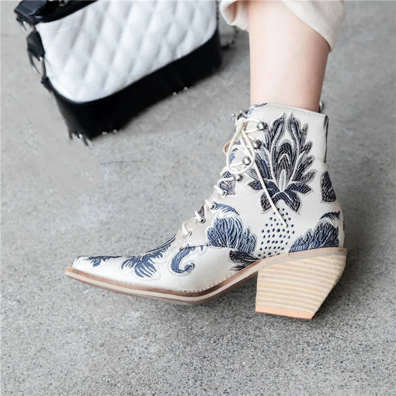 YMECHIC Embroidery Flower Silk Satin Lace Up Ankle Boots for Women 2019 Autumn Winter Casual Stacked High Heels Booties Shoes | Обувь