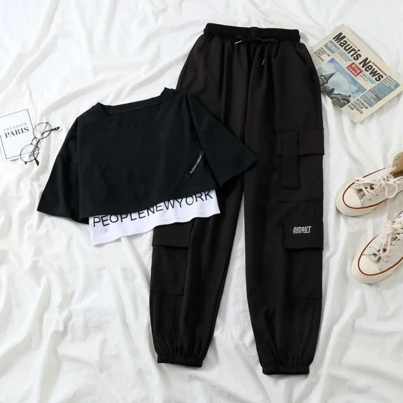 

HOUZHOU Streetwear Punk Black Cargo Pants Women Harajuku Hippie High Waist Trousers For Female Embroidery Oversize Kpop Joggers