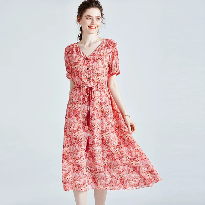 

Dress Summer New Women's Plus Size Loose Casual Printing Fashion Shrink Waist Real Silk Swing Skirt