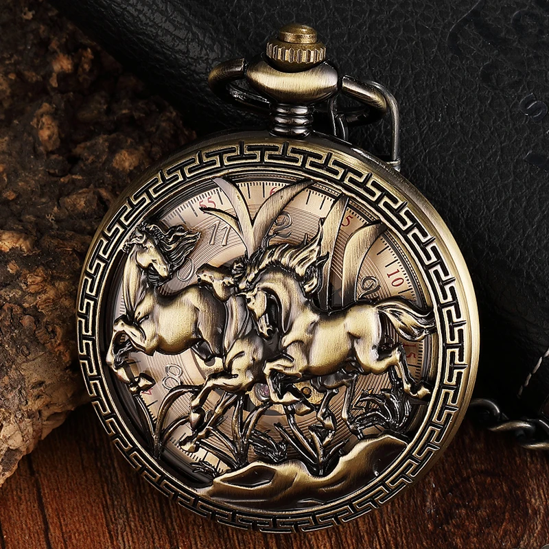 Mechanical Pocket Watch Antique Skeleton Dial Fob Chain Hanging Luxury Two Horse Waist Clock with Gift Box for Men Dropshipping