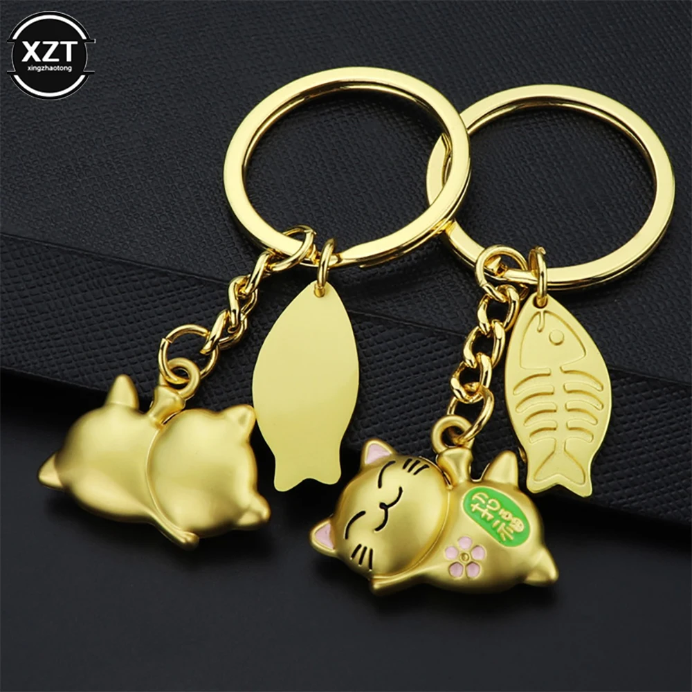 

3D Cat With Fish Keychain Cute Key Ring For Women Kitten Lucky Cat Key Chain Key Holder Mens Car Portachiavi Chaveiro Bag Charm