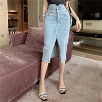 korean fashion elastic hip bag denim skirts split casual high waist sexy button pencil midi length jeans skirt streetwear 2021