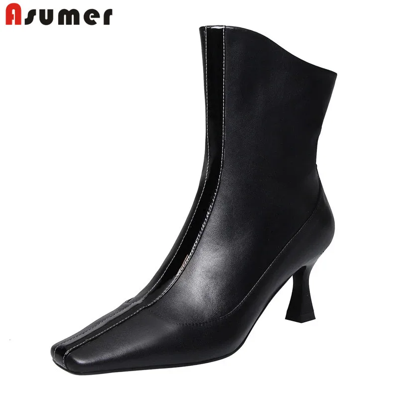 Женские ботильоны на высоком каблуке с квадратным носком молнии|Женские