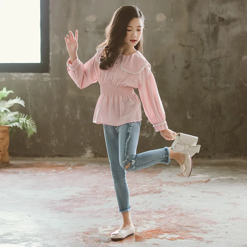 Pink Chiffon Blouse Белая школьная блузка для девочек-подростков; хлопковые однотонные детские блузки и рубашки с рюшами для малышей; детские изысканные Топы; одежда для детей 12-13 лет - Цвет: Pink Chiffon Blouse