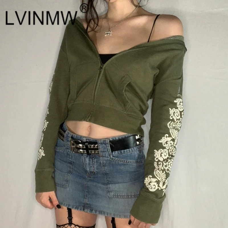 

LVINMW Cardigans Hooded Zipper Fly Slim Fit Navel Long Sleeve Hoodie Women With Pockets Floral Casual Fashion Tops Streetwear