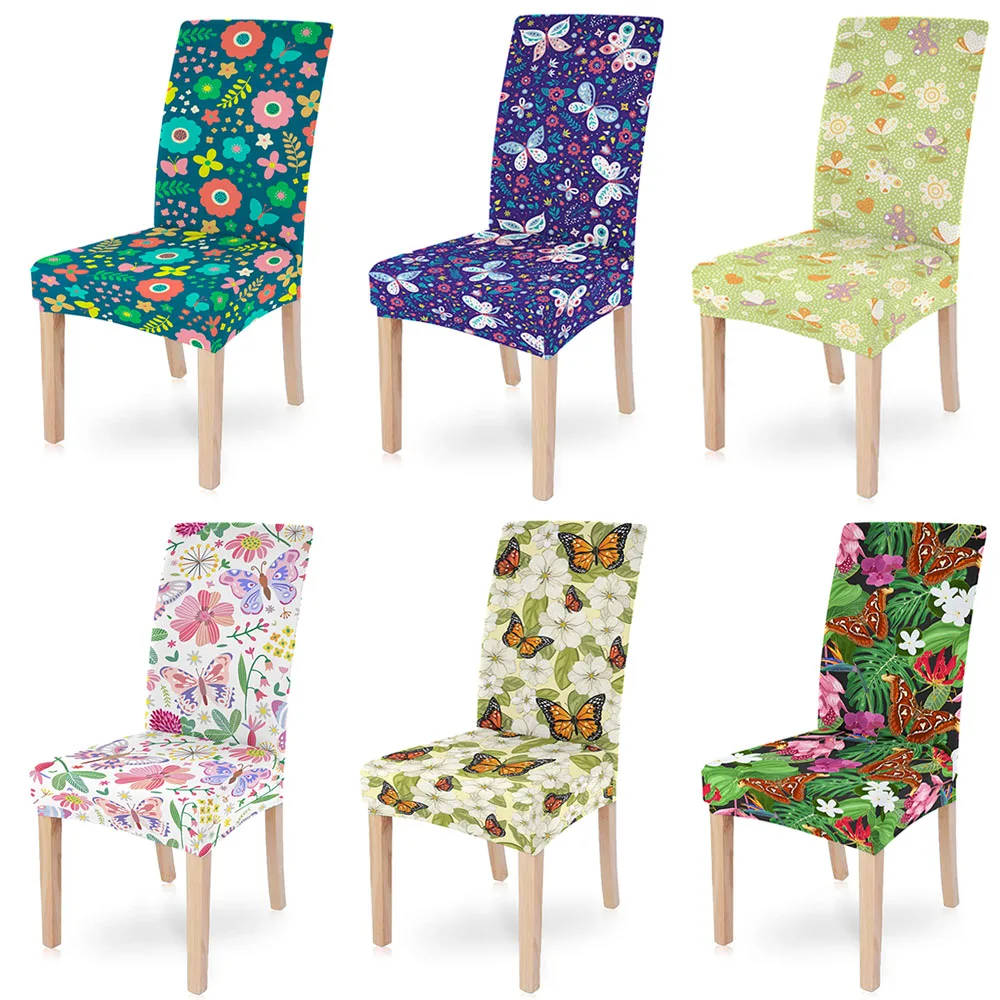 

Butterfly With Flower Chair Covers Dining Spandex Slipcovers Universal Size Removable Elastic Seat Cover For Wedding Hotel