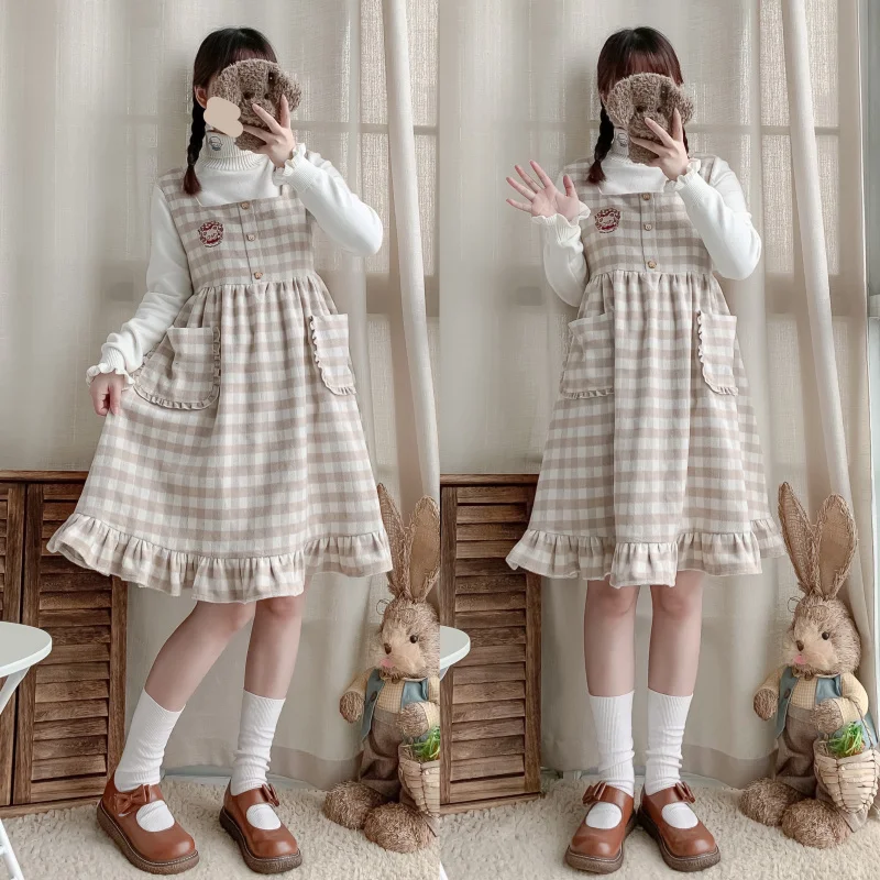 Комбинезон женский шерстяной зимний винтажный без рукавов в клетку с рюшами