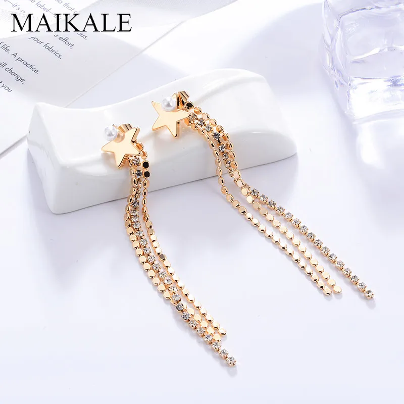 Женские длинные серьги кисточки MAIKALE роскошные циркониевые с жемчугом и золотым