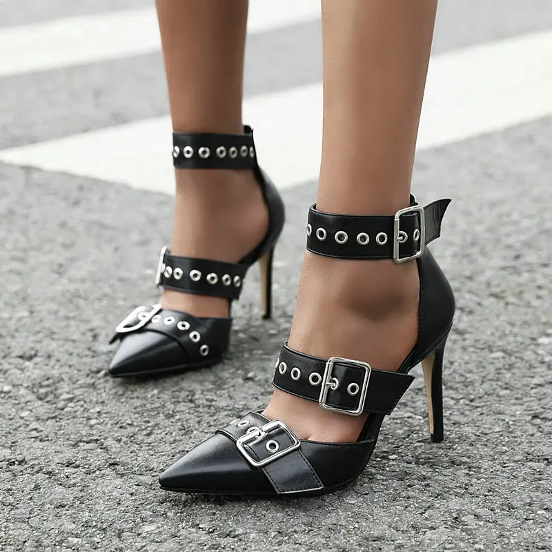 Женские босоножки с острым носком [DEAT] черные из искусственной кожи на тонком