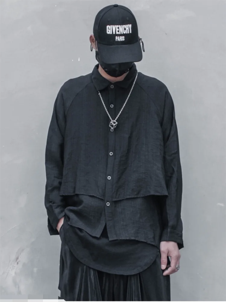 

Men's Long-Sleeve Shirt Spring And Autumn New Solid Color Lapel False Three-Layer Splicing Design Personality Fashion Shirt