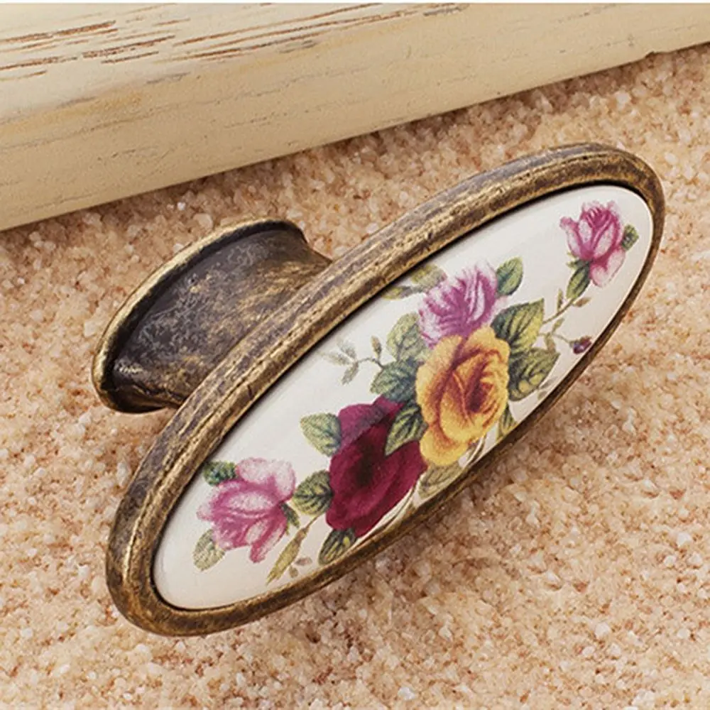 Винтажный керамический дверные ручки Сельский цветок белый бронза мебельная