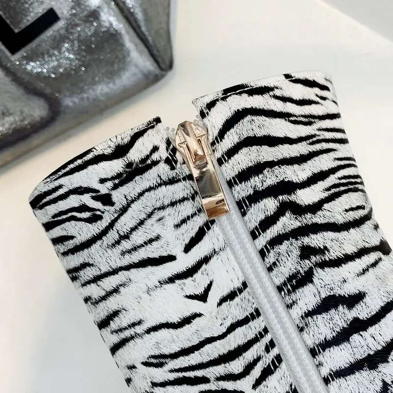 

Fashion Printed Women Mid Calf Boots Sexy Stiletto High-Heel Autumn Winter Pointed Toe Boots Faux Suede Large Size Zipper Shoes