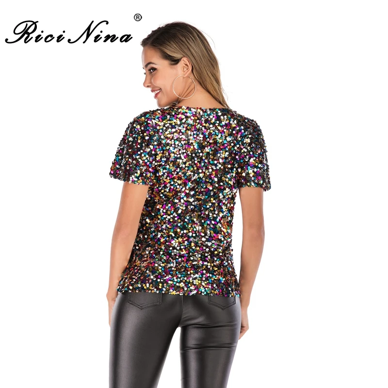 RICININA вечерние женские футболки 2020 с короткими рукавами блестками сверкающий Топ