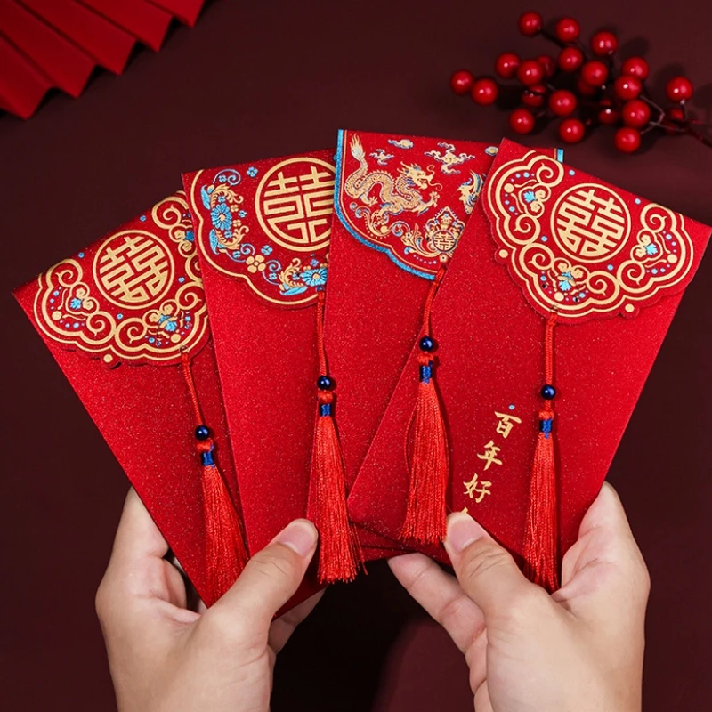 

2022 Red Envelope New Year Red Pocket Hot Stamping Creative Red Bag Spring Festival Marriage Birthday Envelopes Gift Bags Tassel