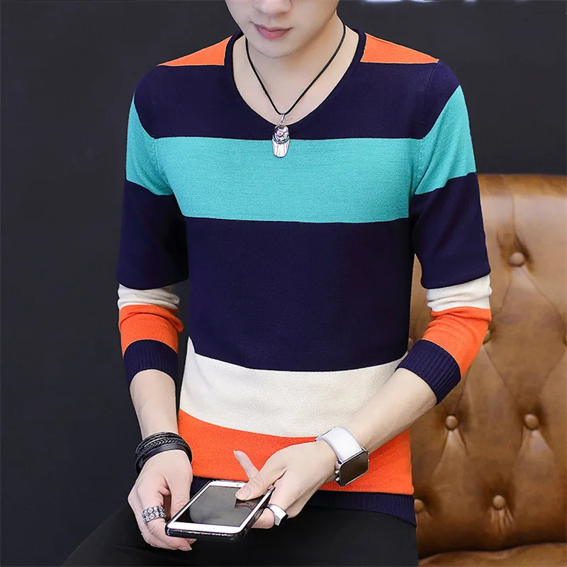 

Мужские свитера в полоску, с длинным рукавом и V-образным вырезом, весна-осень