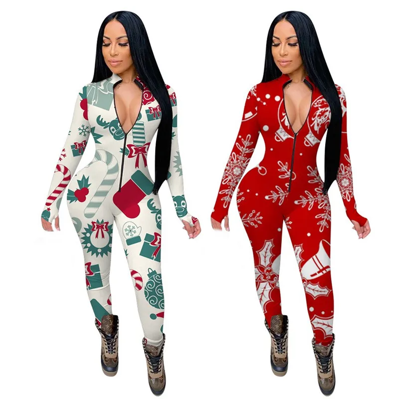

Xmas Jumpsuit Pajamas for Adults Women Sleepwear Pijama Sexy Mujer Bodysuit Christmas Printed Ladies Long Jumpsuit Home Clothes
