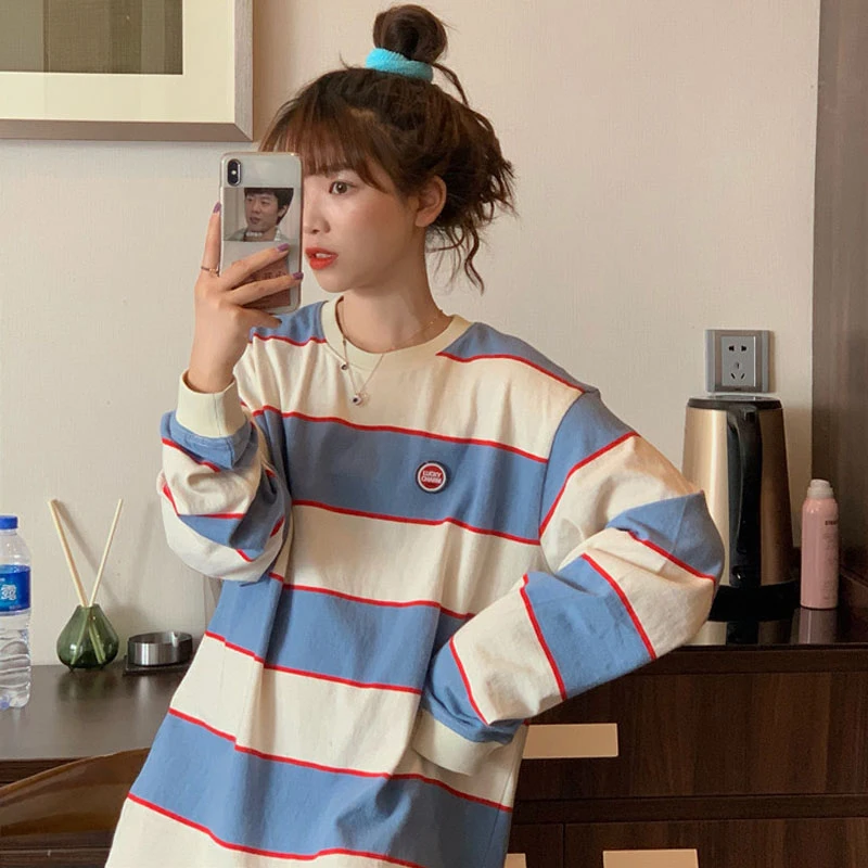 

2021 New Harajuku Panelled Blue Striped Men Tshirt Long Slevees Loose Minimalist Casual Clothes Crew Neck Unisex Teen Streetwear