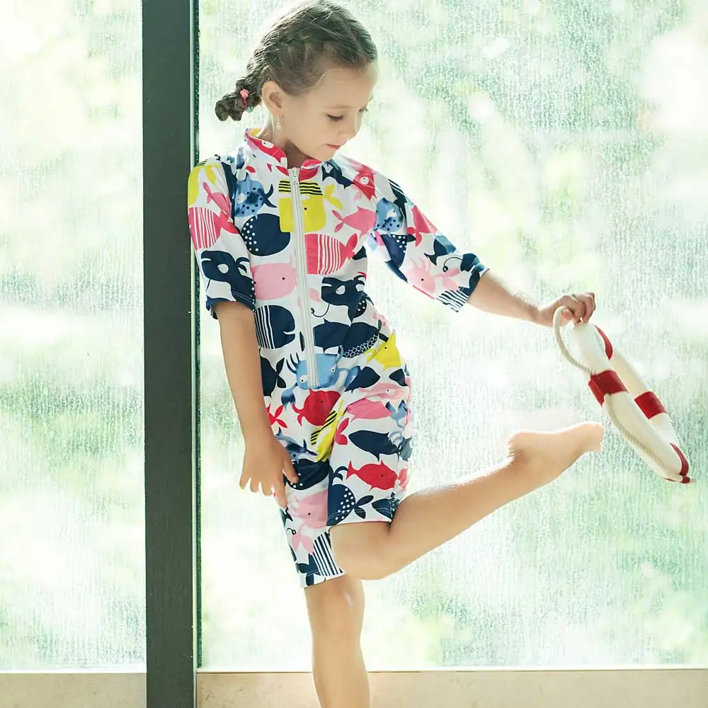 Swimsuit Baby Girls Swimwear Toddler Sunsuits One Piece Bathing Suit with Swimming Cap Zip Front Rash Guard Beachwear | Спорт и