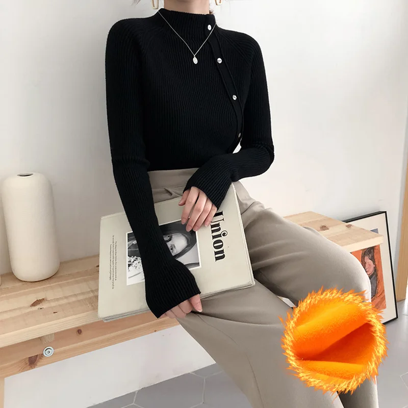 BGTEEVER 2020 New Autumn Winter Thick Velvet Half Turtleneck Female Knitting Jumpers Striped Warm Fleece Women Pullover Sweater | Водолазки