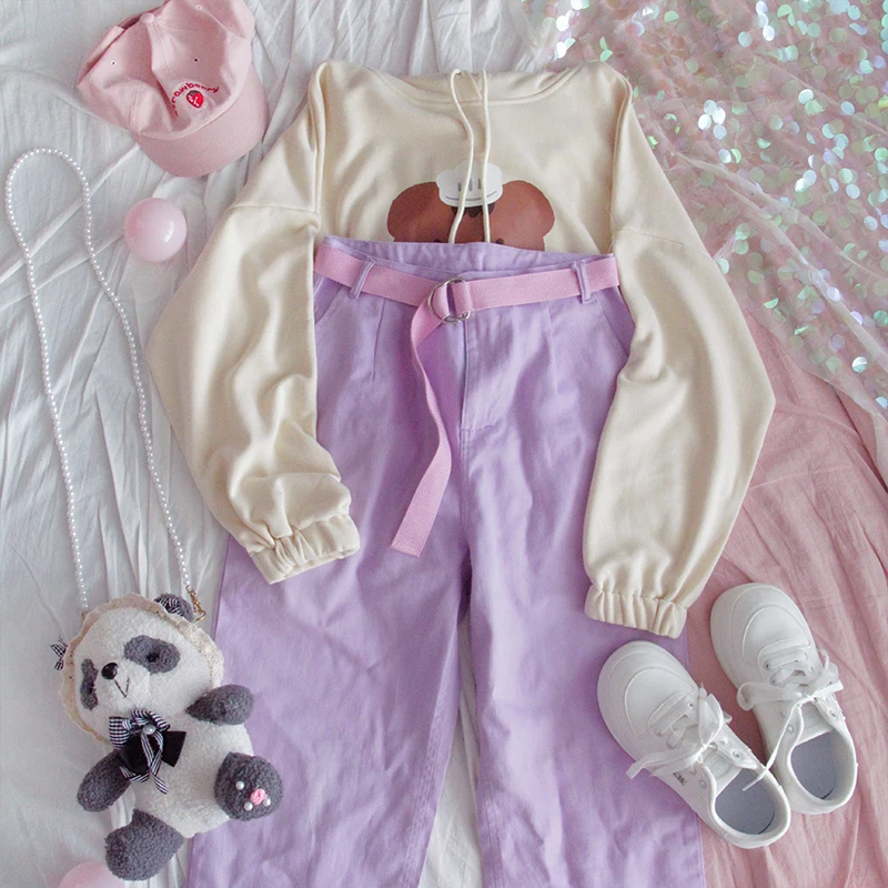 

2 Colors New Autumn Cute Women Sweatshirt Loose Ins Girl Hooded Tops Female Harajuku Kawaii Bear Pullover Mujer