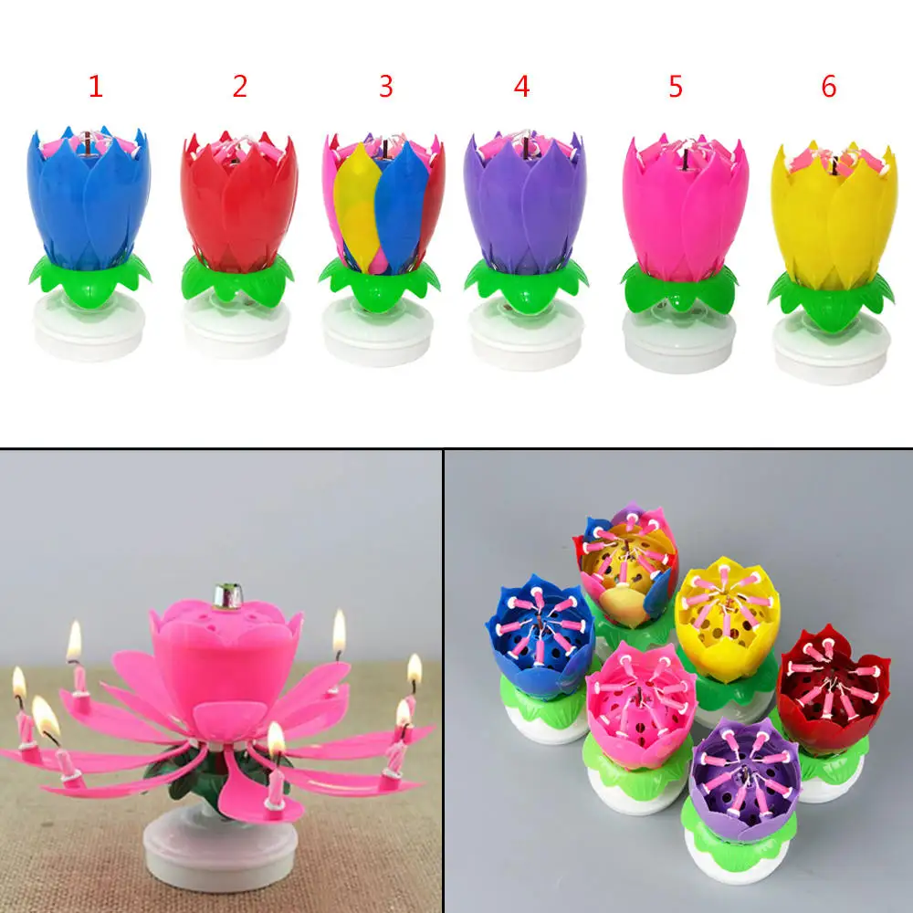 2pcs Rotating Candle Birthday Musical Lotus Flower Magic Cake Candles Happy Gifts DIY Party Decoration Supplies | Дом и сад
